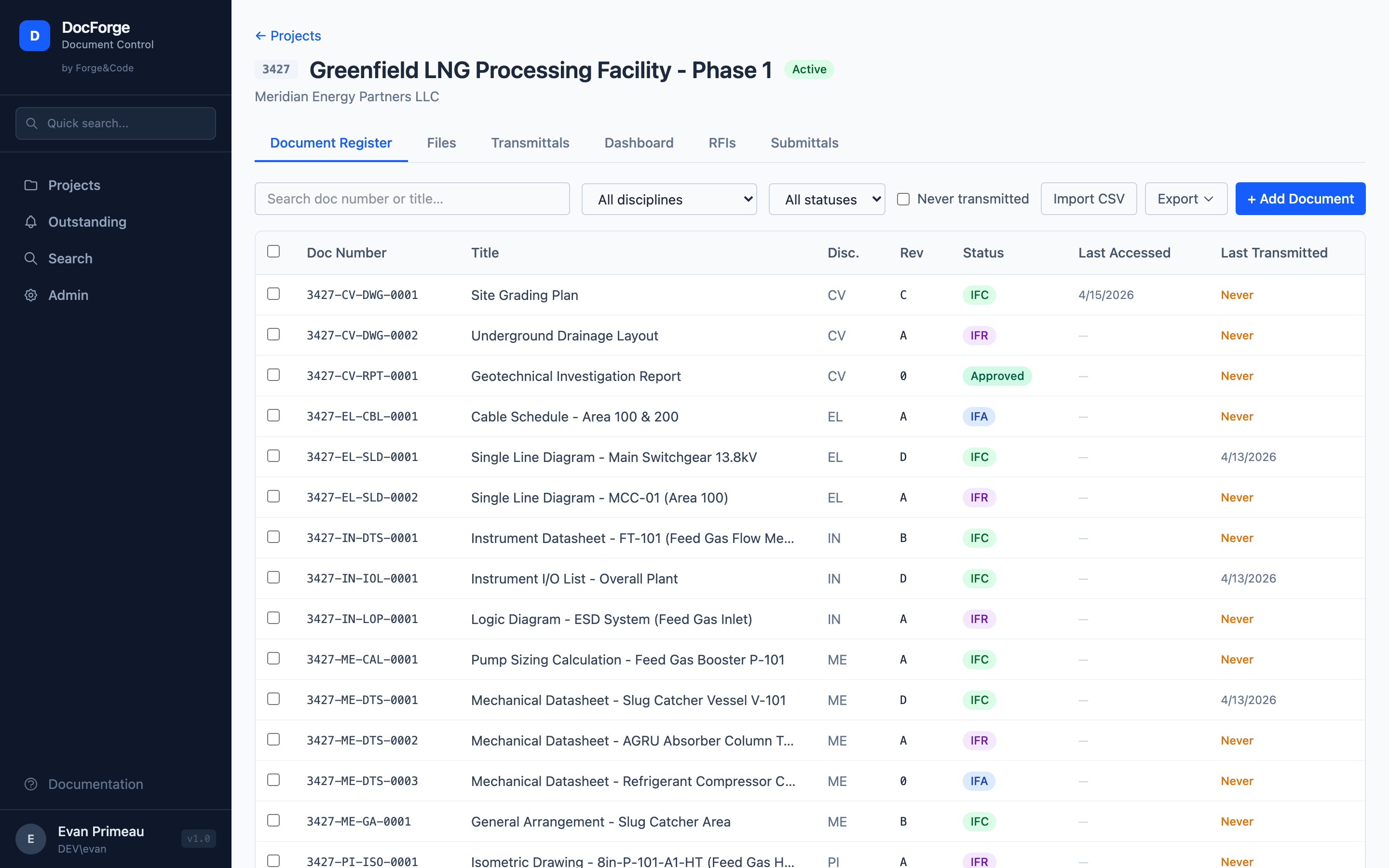 DocForge document register showing 26 engineering documents with revision tracking