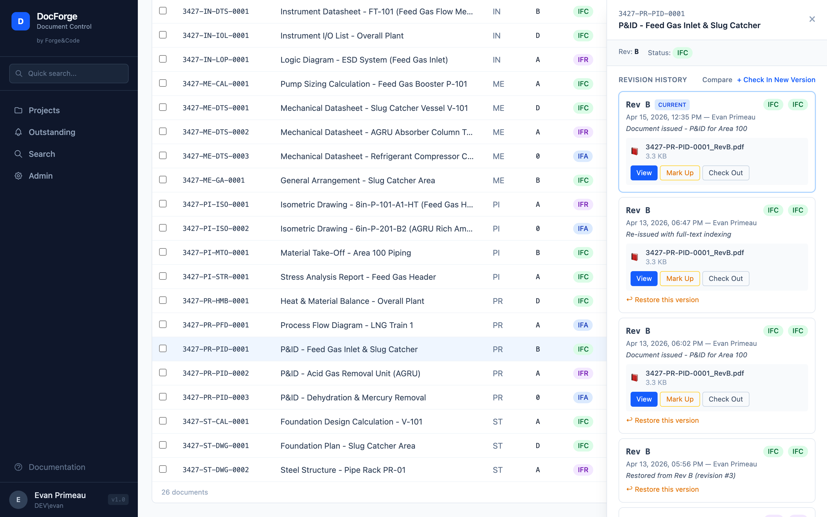 Revision history panel showing document versions with file uploads